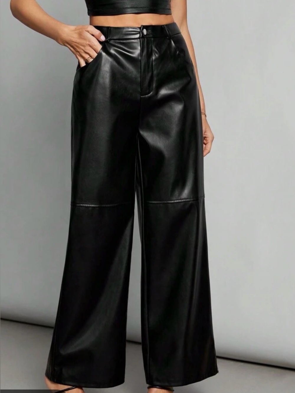 SHEIN Black Faux Leather Wide-Leg Pants